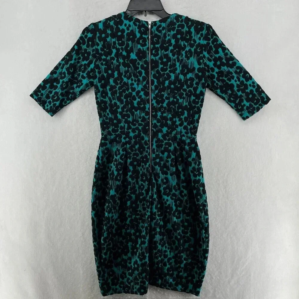 Melonie Dress Women's Sz 4 Green Floral Faux Wrap 3/4 Sleeves Round Neck Stretch - Picture 2 of 10
